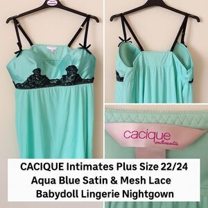 Cacique Intimates Plus Size 22/24 Aqua Blue Satin & Mesh Lace Babydoll Lingerie